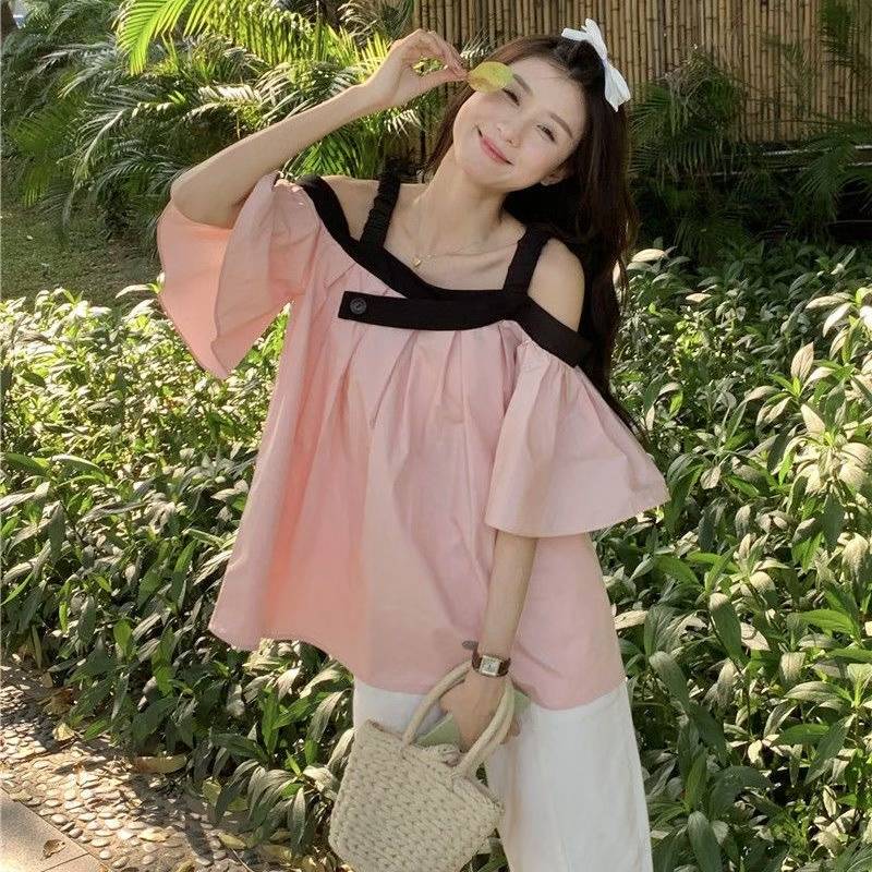 夏季新款法式甜美宽松漏肩气质休闲减龄小衫，独立包装，码数m-