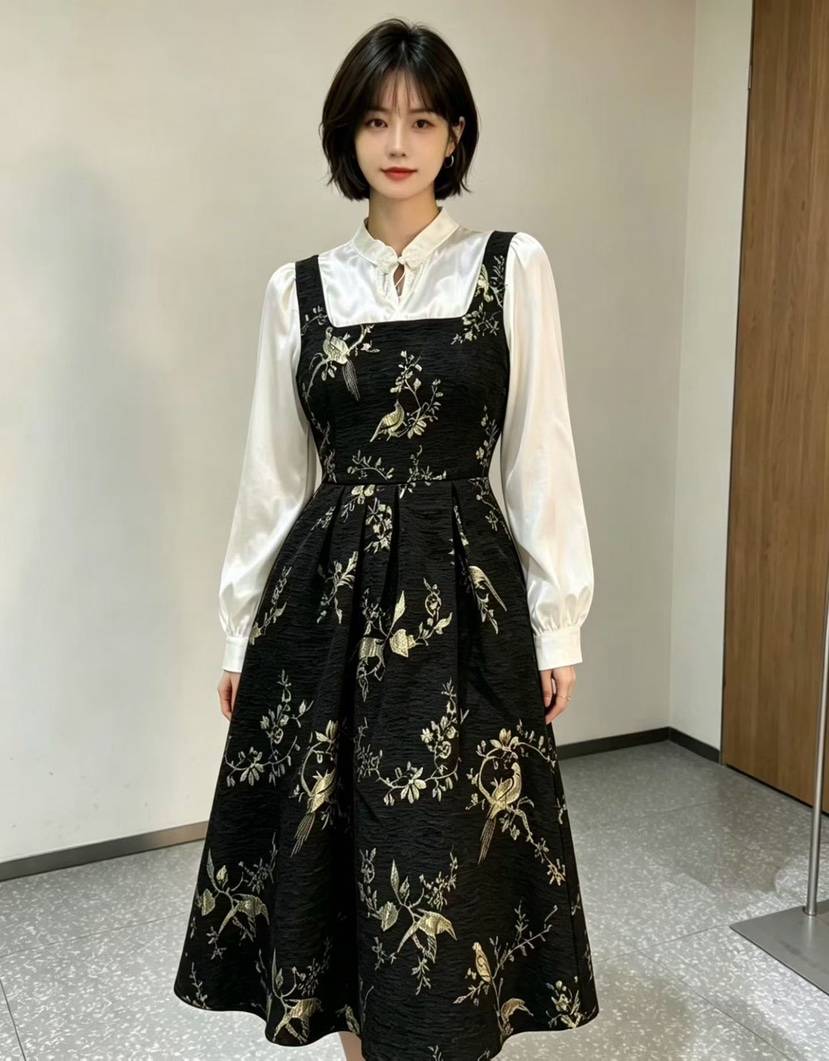 新中式假两件连衣裙，提花鸟刺绣+缎面立领
160件特价清[鼓