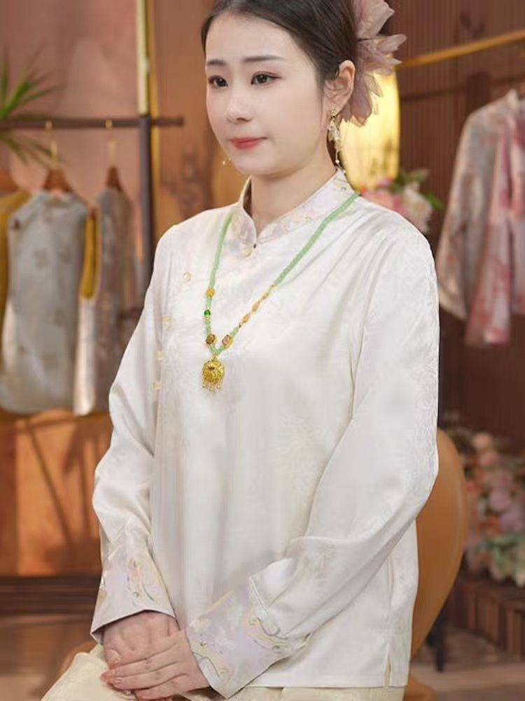 新中式打底小衫春季新款国风高级提花气质百搭i休闲长袖衬衫上衣