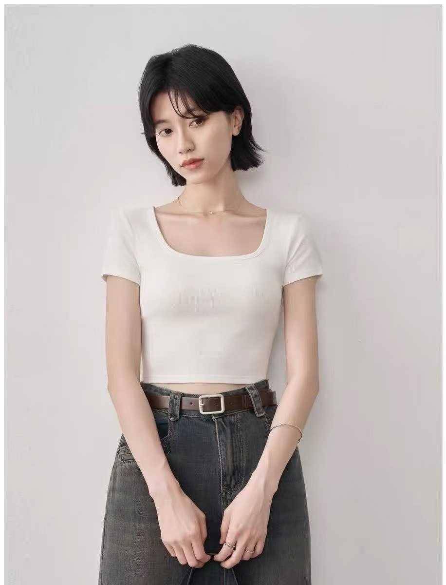 🌈5000多件女款法式方领高腰露脐短t，尺码：ｘs～xl，