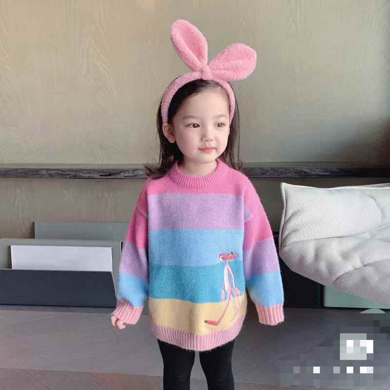 辰辰妈童装粉红豹彩虹条纹毛衣，90-130，110件左右
