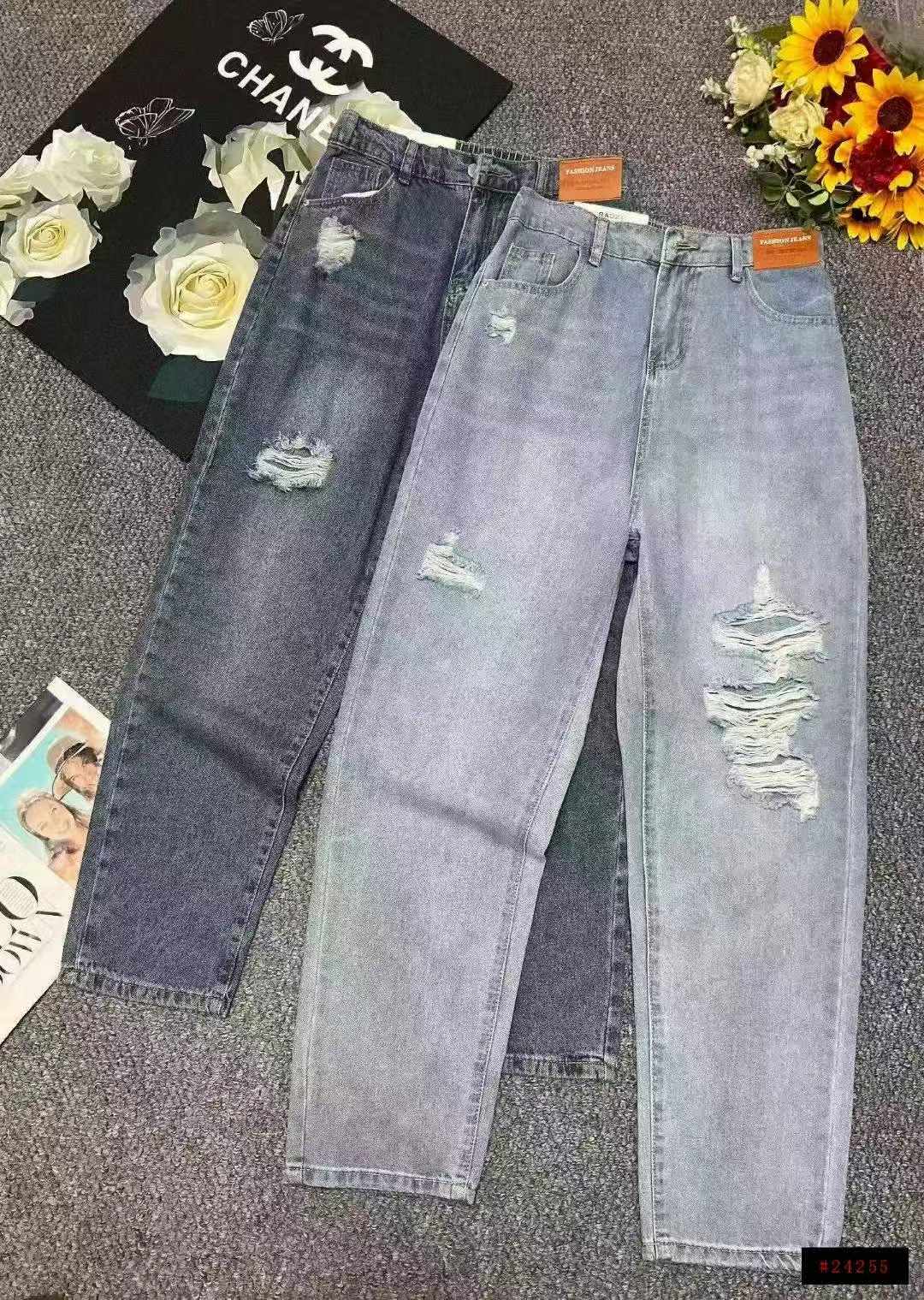 春夏季新款微胖mm破洞设计款牛仔老爹哈伦裤，独立包装带吊牌，