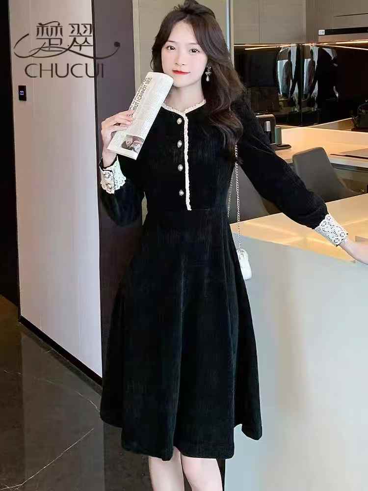 ①法式春季长袖灯芯绒收腰显瘦中长连衣裙！独立包装，整款两色，