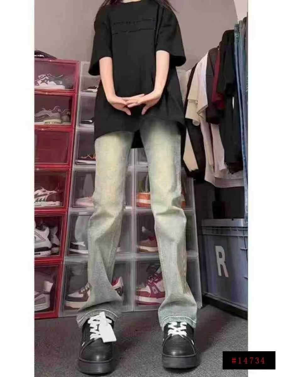 3️⃣美式高街水洗做旧黄泥染微喇女款牛仔裤273条，有弹力，
