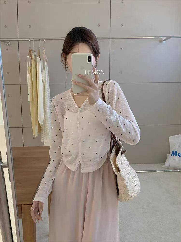 波点针织开衫女防晒空调衫冰丝薄款夏季披肩外搭罩衫短款上衣，2