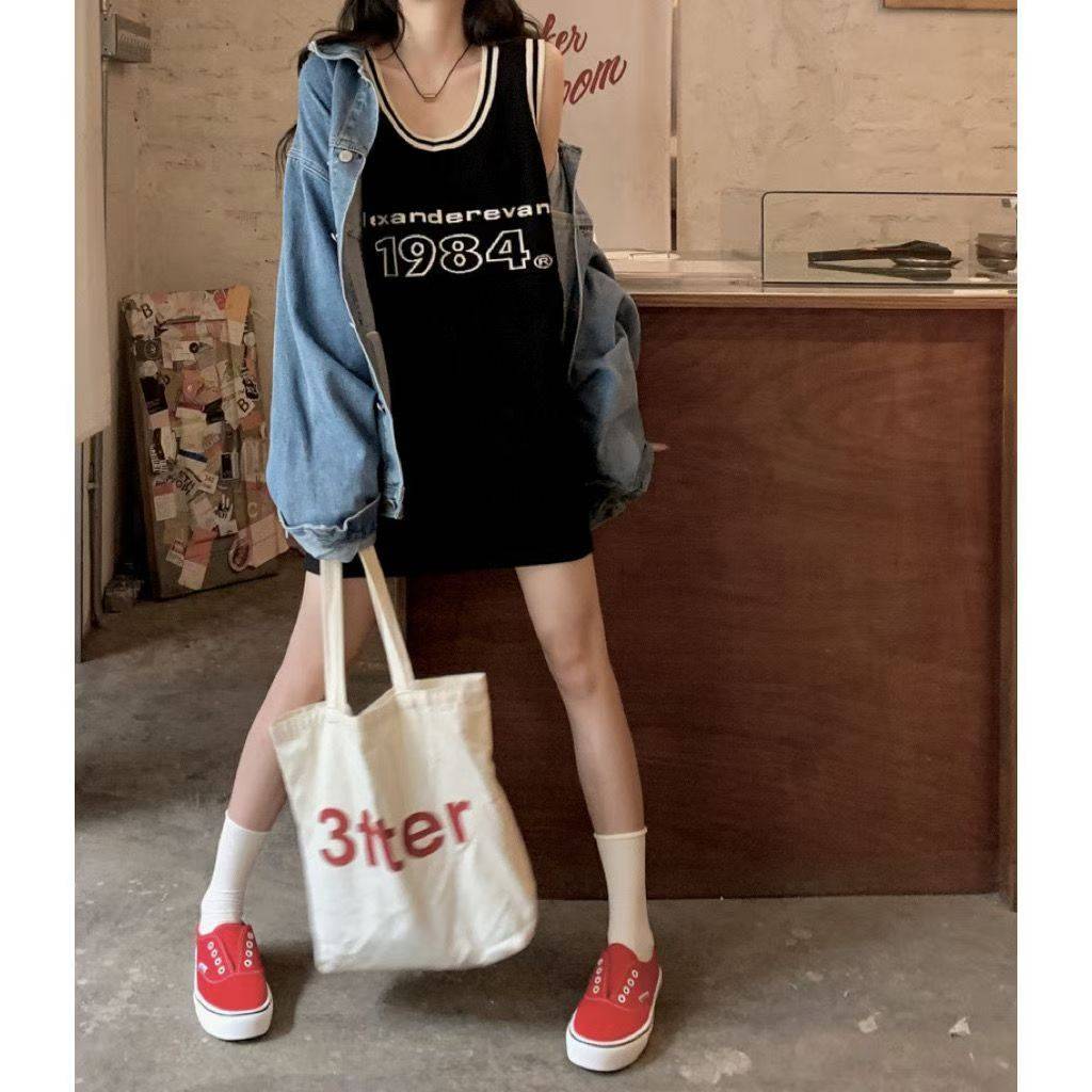 纯棉街头风美式运动篮球服背心裙无袖t恤女夏遮肉显瘦中长款上衣