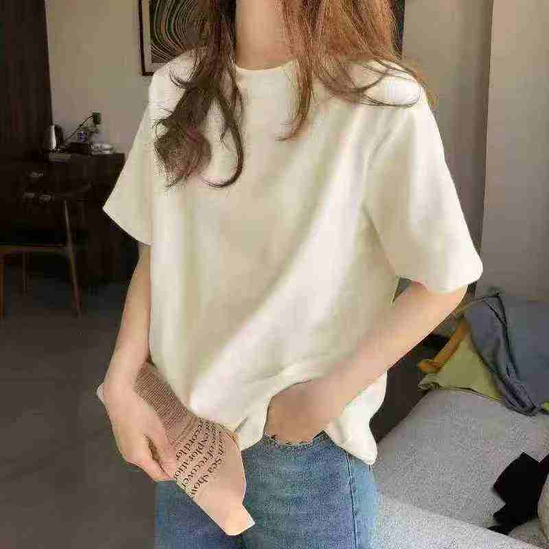 韩系超显白奶杏色短袖t☕️230g双纱重磅美式纯棉短袖男女夏