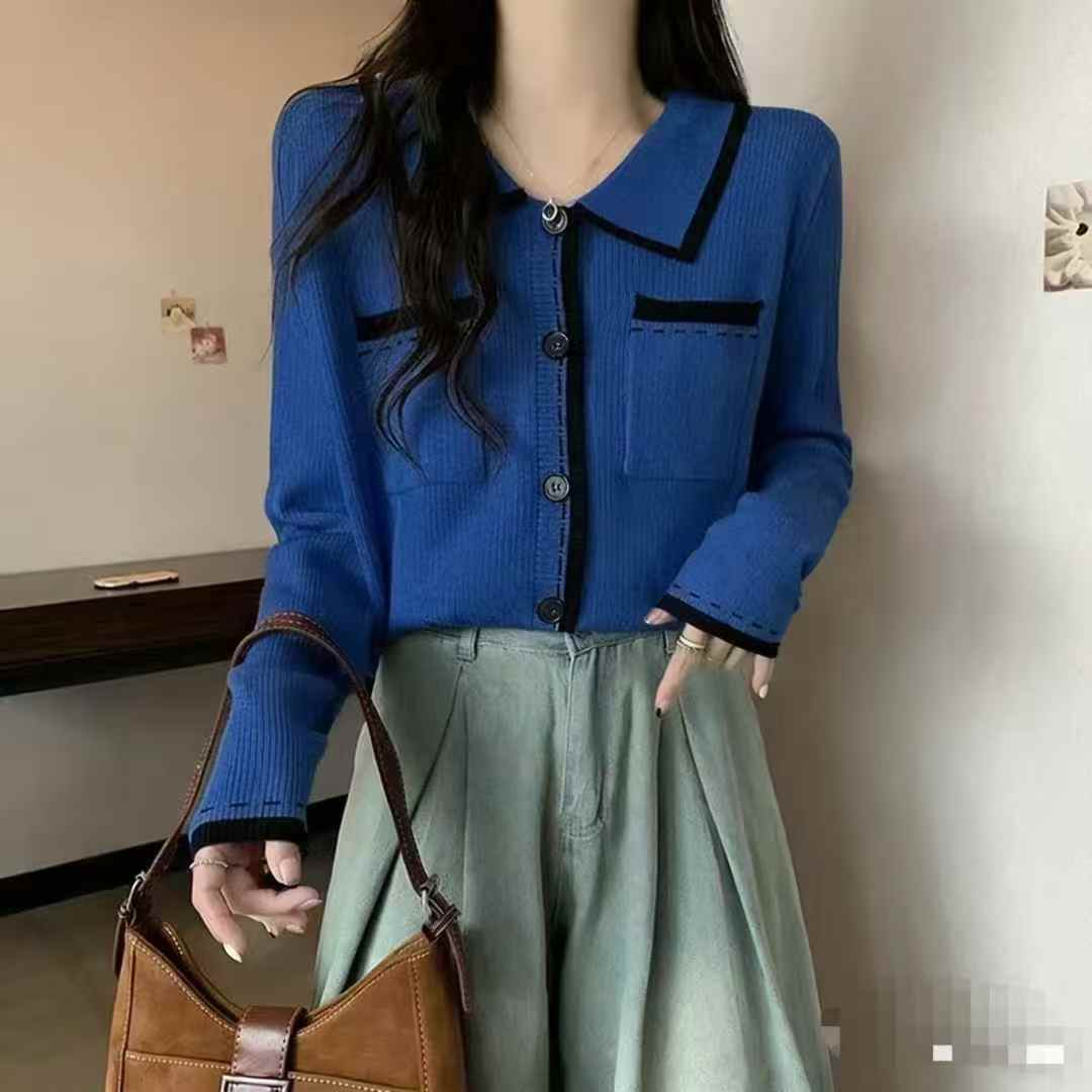 春季女装小香风polo领针织开衫，蓝色为主，210件左右