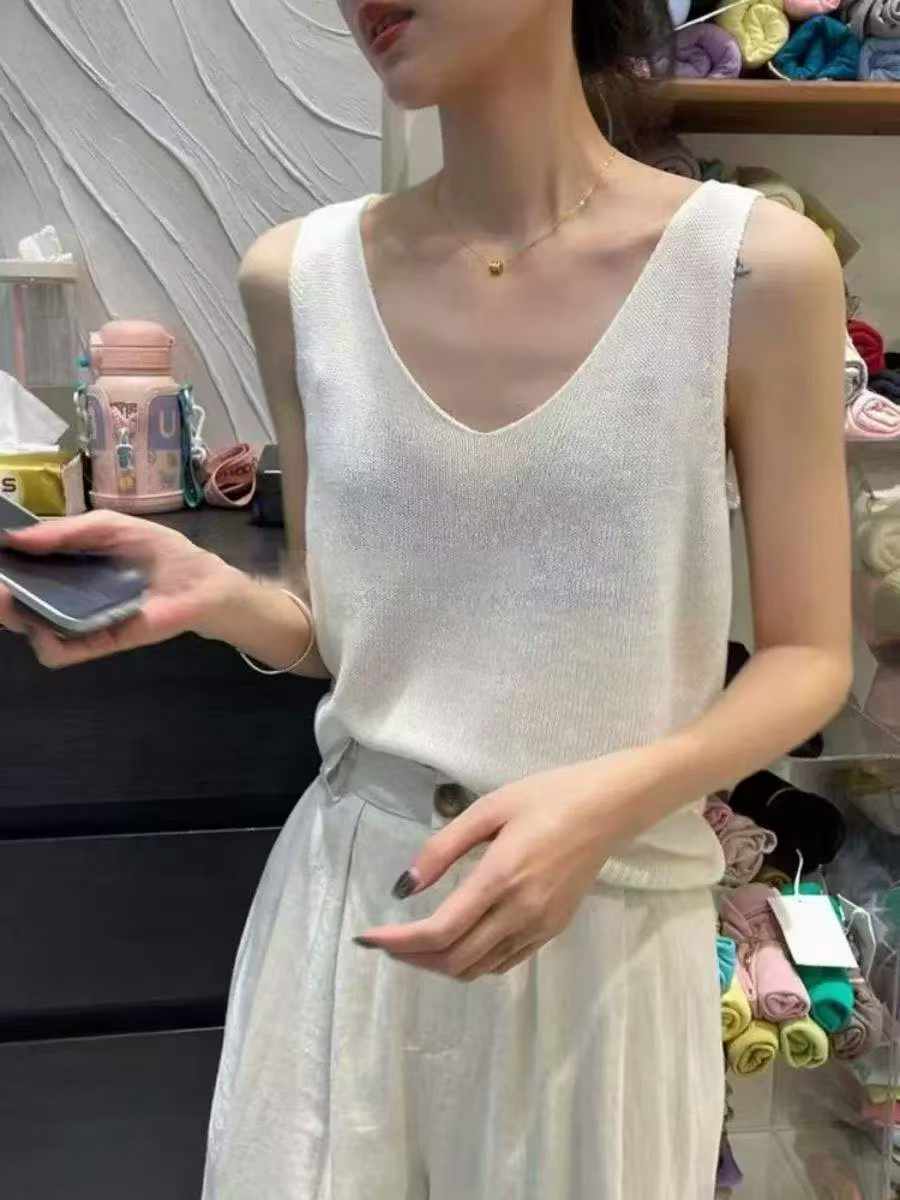 夏季新款小众高级感天丝亚麻v领坎肩针织背心，独立包装，均码面
