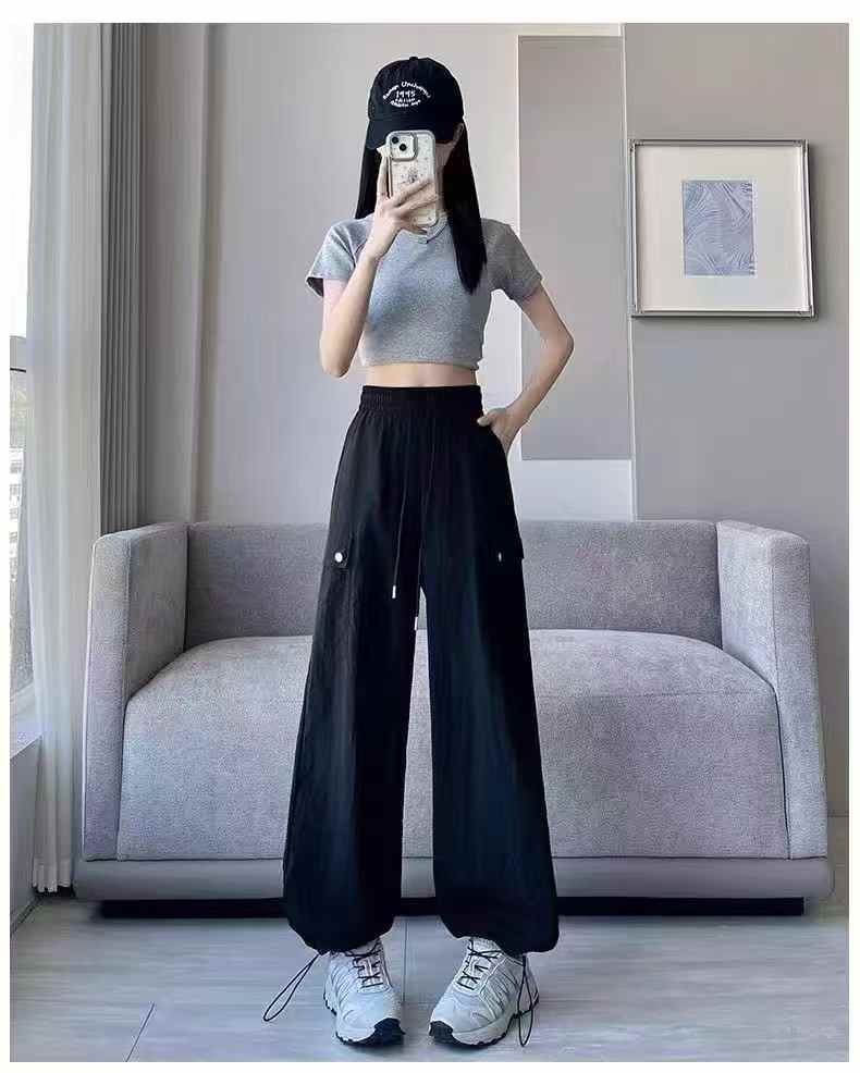 女工装裤夏季薄款宽松高腰直筒休闲美式运动时尚女伸缩裤，单款两