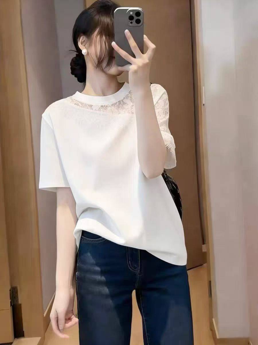 夏季新款蕾丝拼接设计感宽松冰丝针织衫绝美巨好看半袖上衣，15
