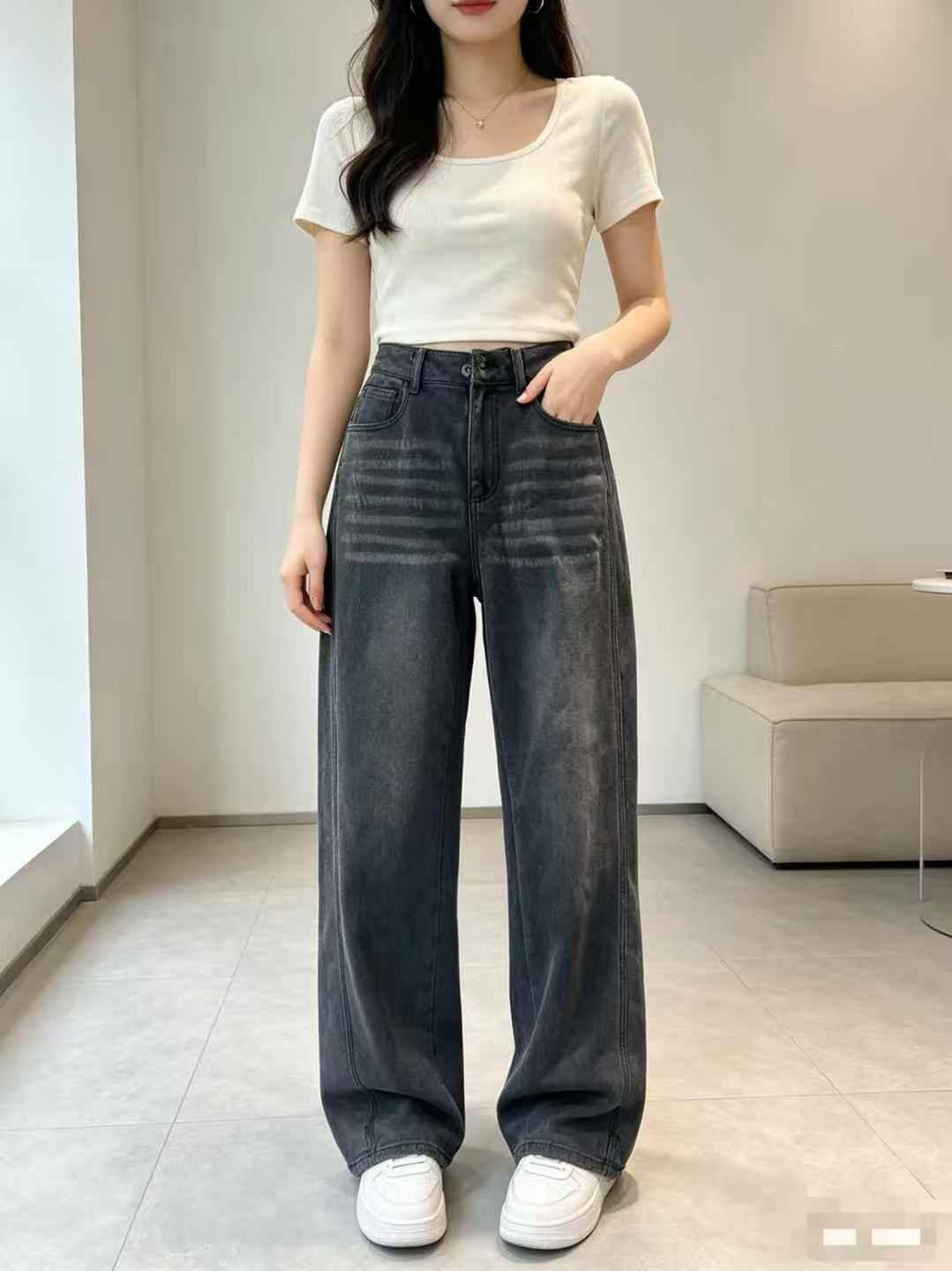 🍭1000条美式复古高街风做旧直筒黑灰阔腿牛仔裤，质量好高