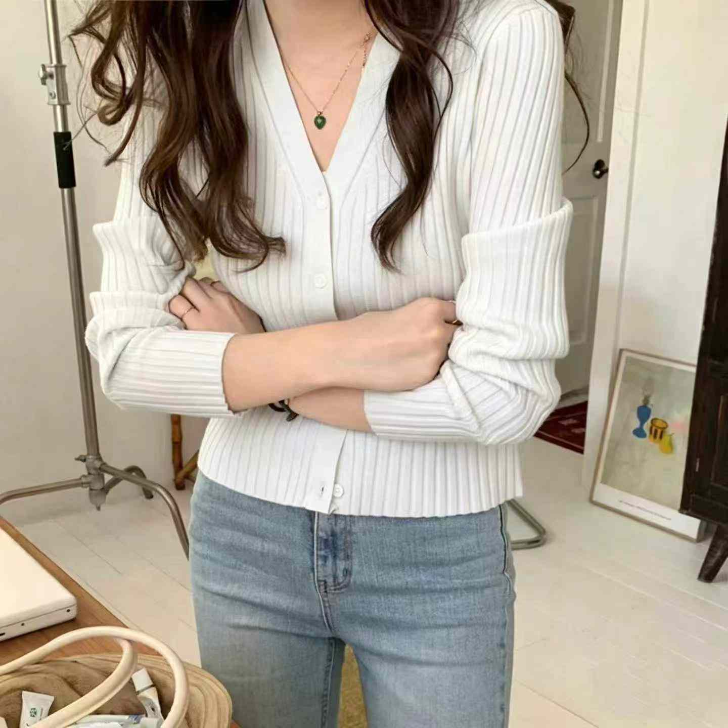 🐱毛衣开衫针织衫叠穿v领上衣修身显瘦小个子外套，独立包装，