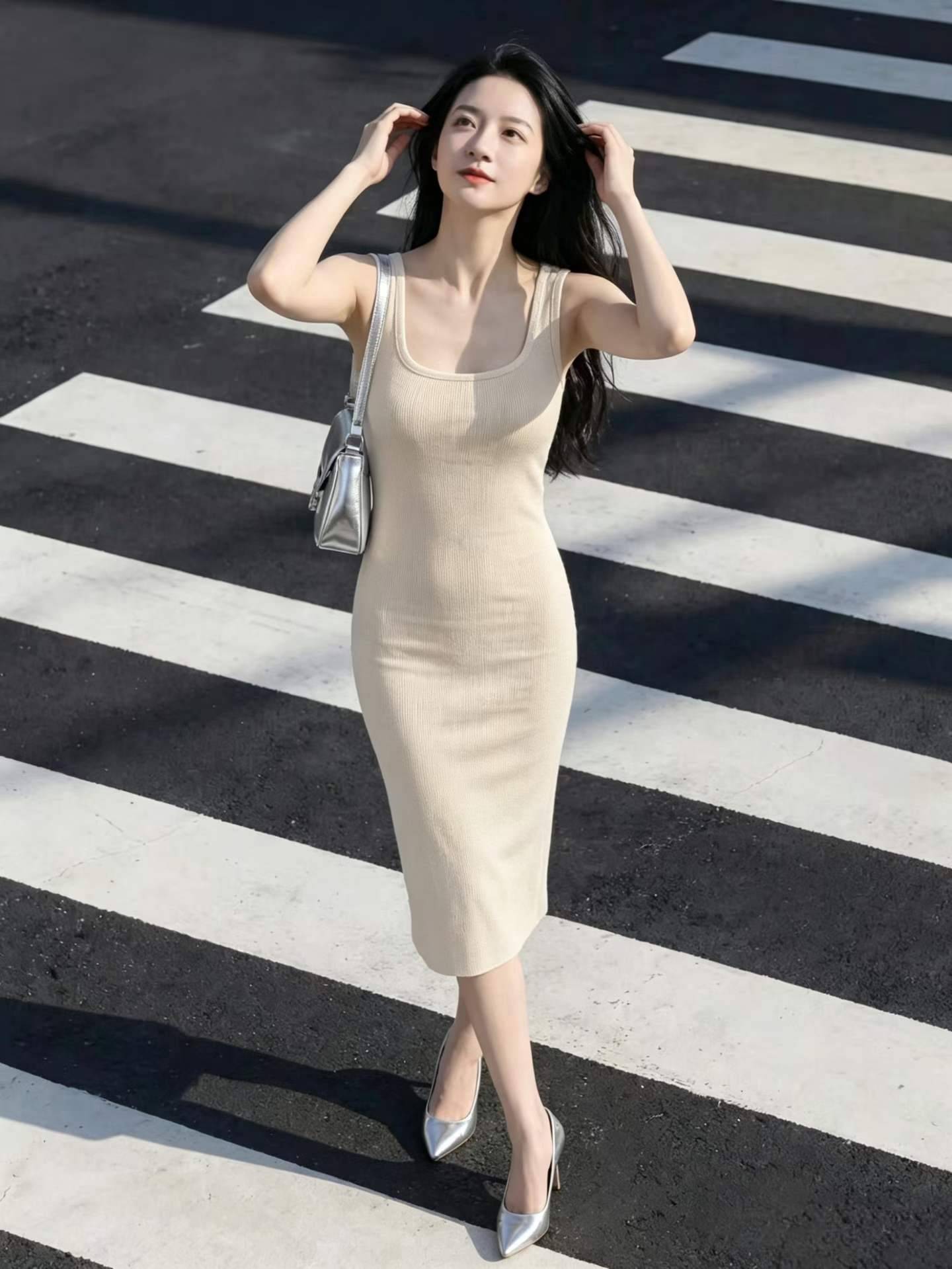 方领包臀背心针织连衣裙女夏季显身材背心长裙，150件8元清货
