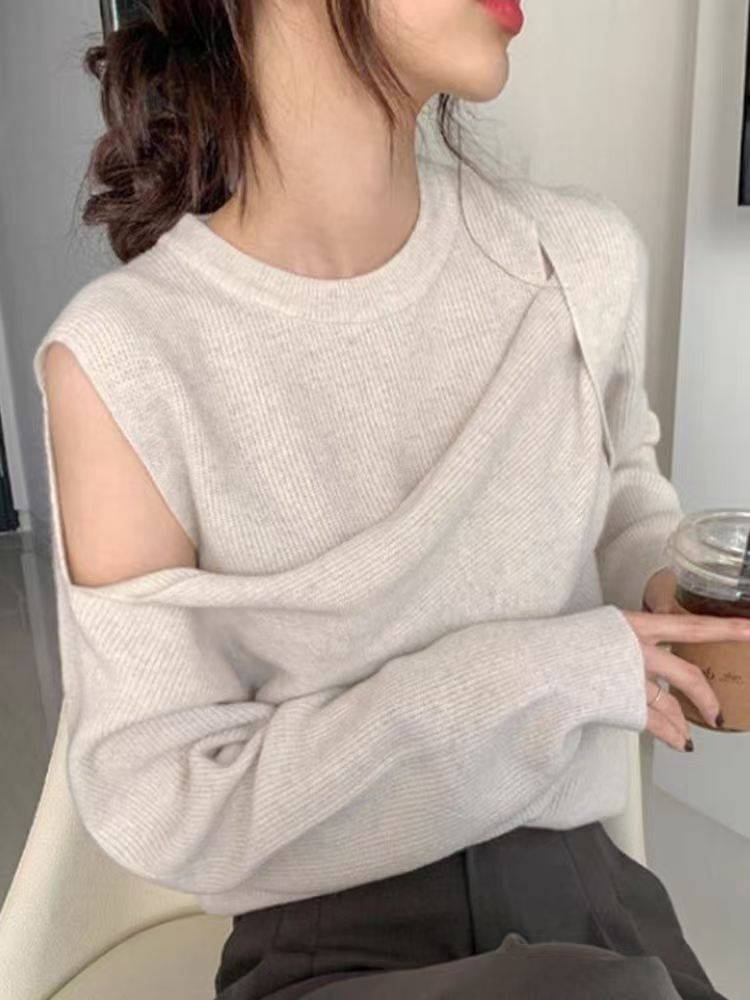 韩系小心机露肩针织衫女秋冬长袖圆领性感设计假两件毛衣超火in