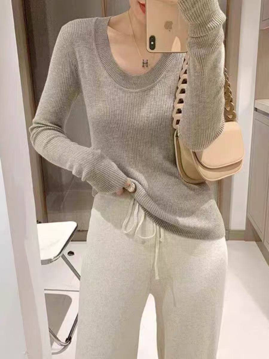 春秋u领6%羊毛衫女修身显瘦坑条毛衣内搭针织打底衫软糯洋气1
