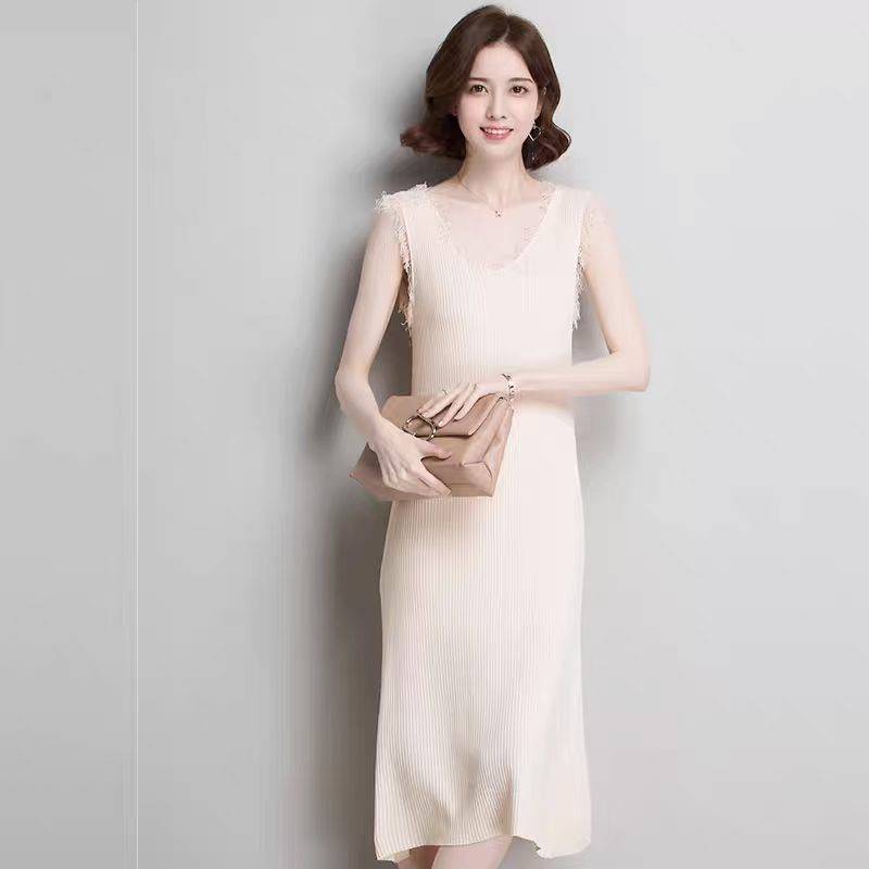 曲珠连衣裙针织裙v领流苏毛边女中长裙高级感针织衫80条