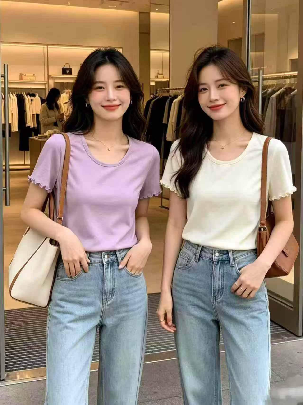 🐯全清价5.8
韩系甜美辣妹木耳边短袖t恤上衣，独立包装，
