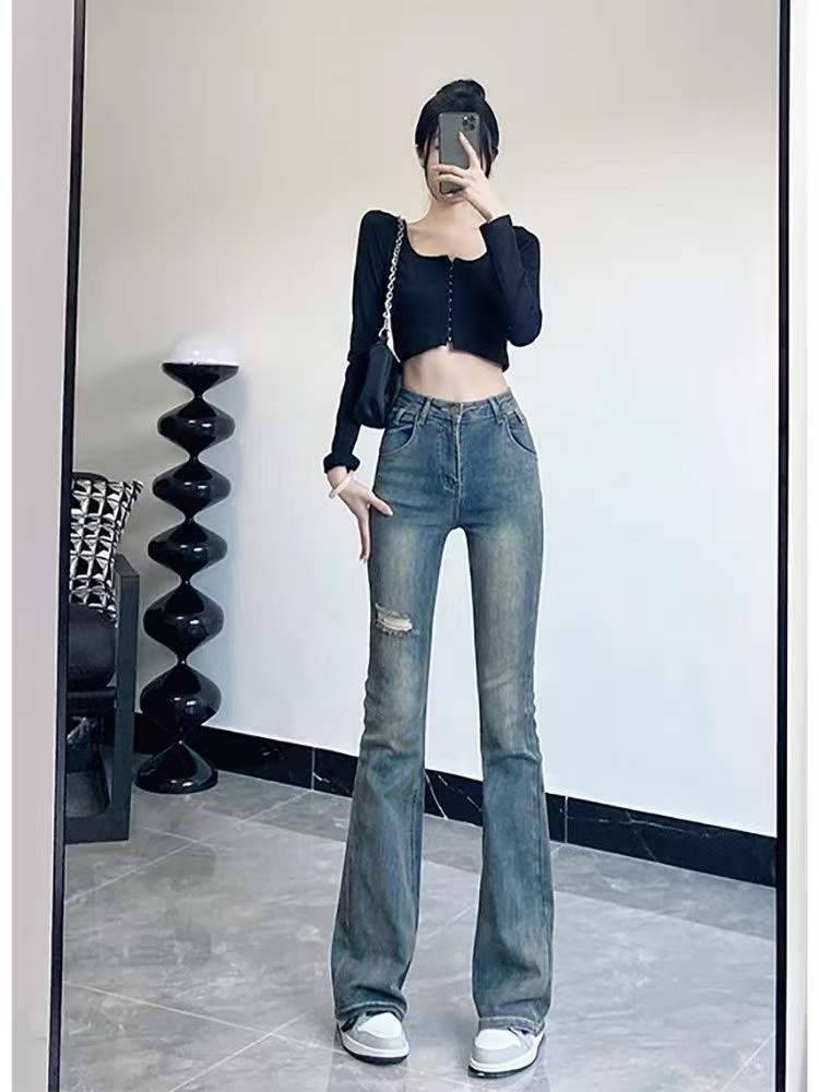 ☕️弹力复古蓝破洞直筒牛仔裤女辣妹高腰直筒牛仔裤104条全清