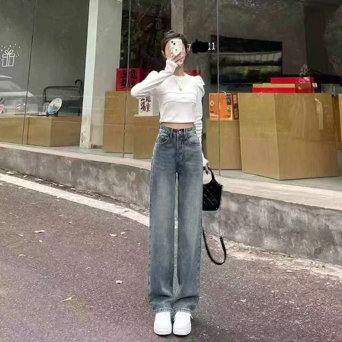 窄版阔腿牛仔裤女宽松百搭高腰直筒裤，单款两色，独立包装带腰牌