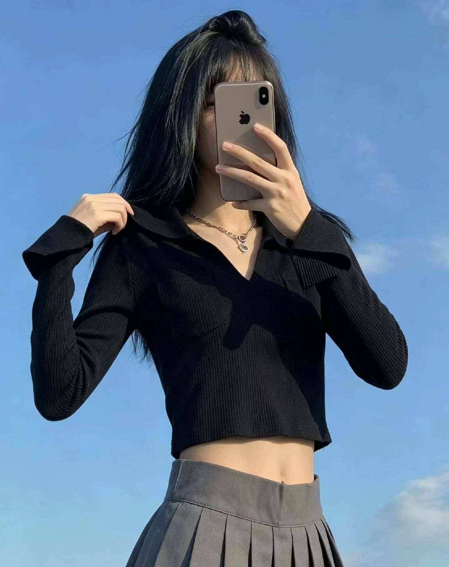 春秋新款辣妹性感纯欲设计款口袋polo领纯色长袖针织衫，独立