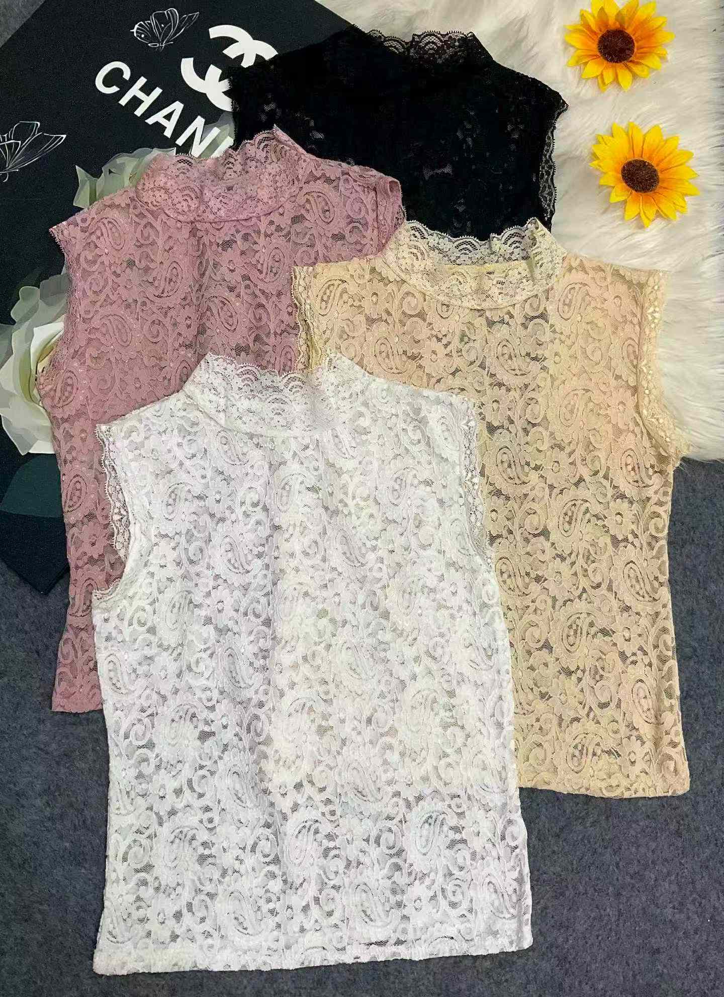 春夏季新款网红复古蕾丝弹力修身显瘦半高领别致高级感无袖背心，