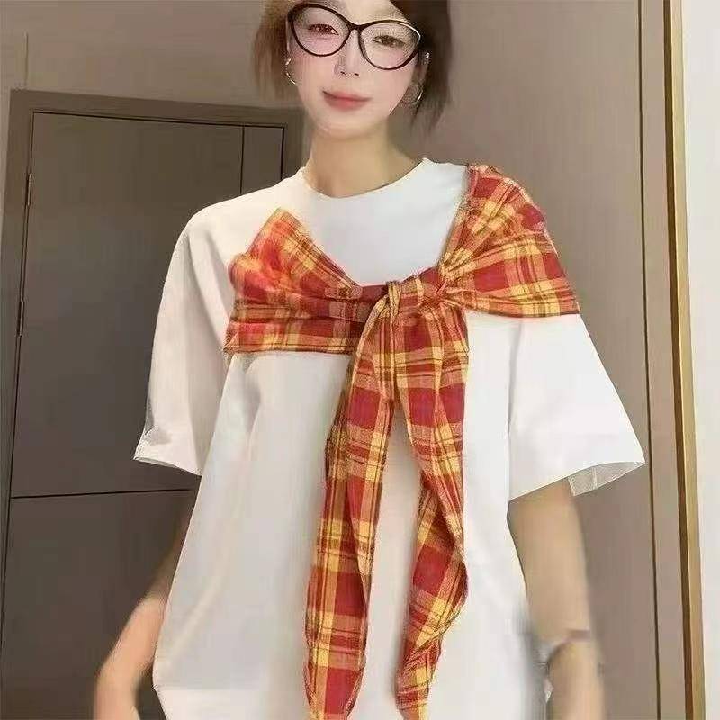 🎊蝴蝶结围巾短袖t恤女国潮夏季绑带宽松设计感美式上衣，面料