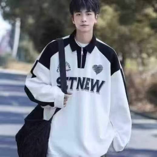 polo半拉链复古潮牌青少年宽松拼接翻领男士卫衣外套·单款两
