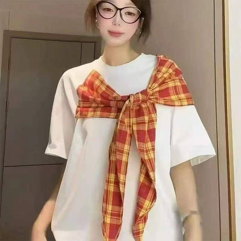 🎊蝴蝶结围巾短袖t恤女国潮夏季绑带宽松设计感美式上衣，面料