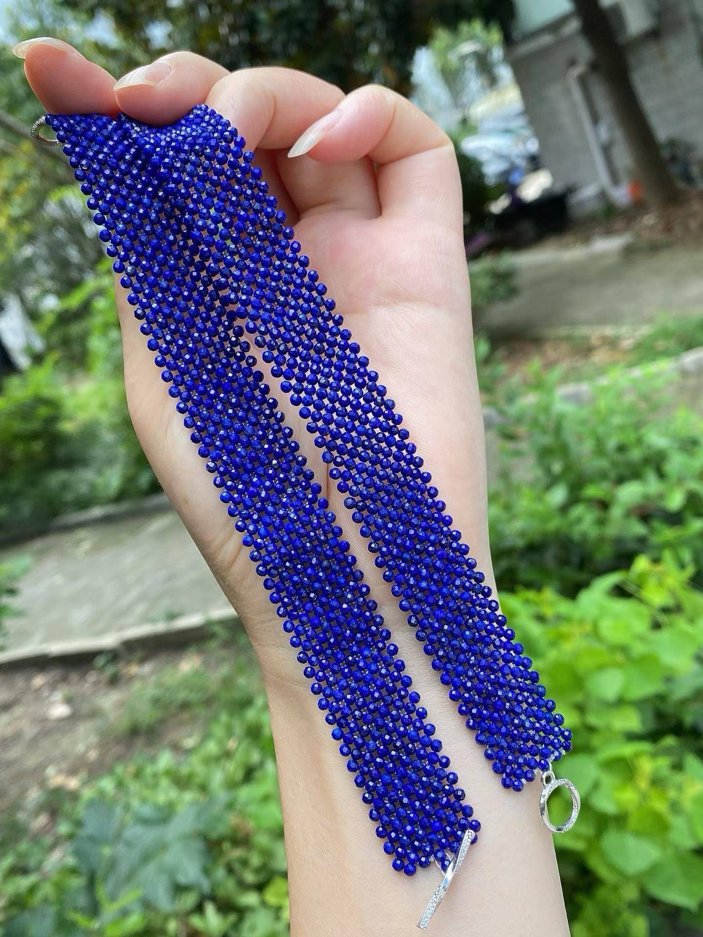 天然青金刻面925银手链，2.5mm左右