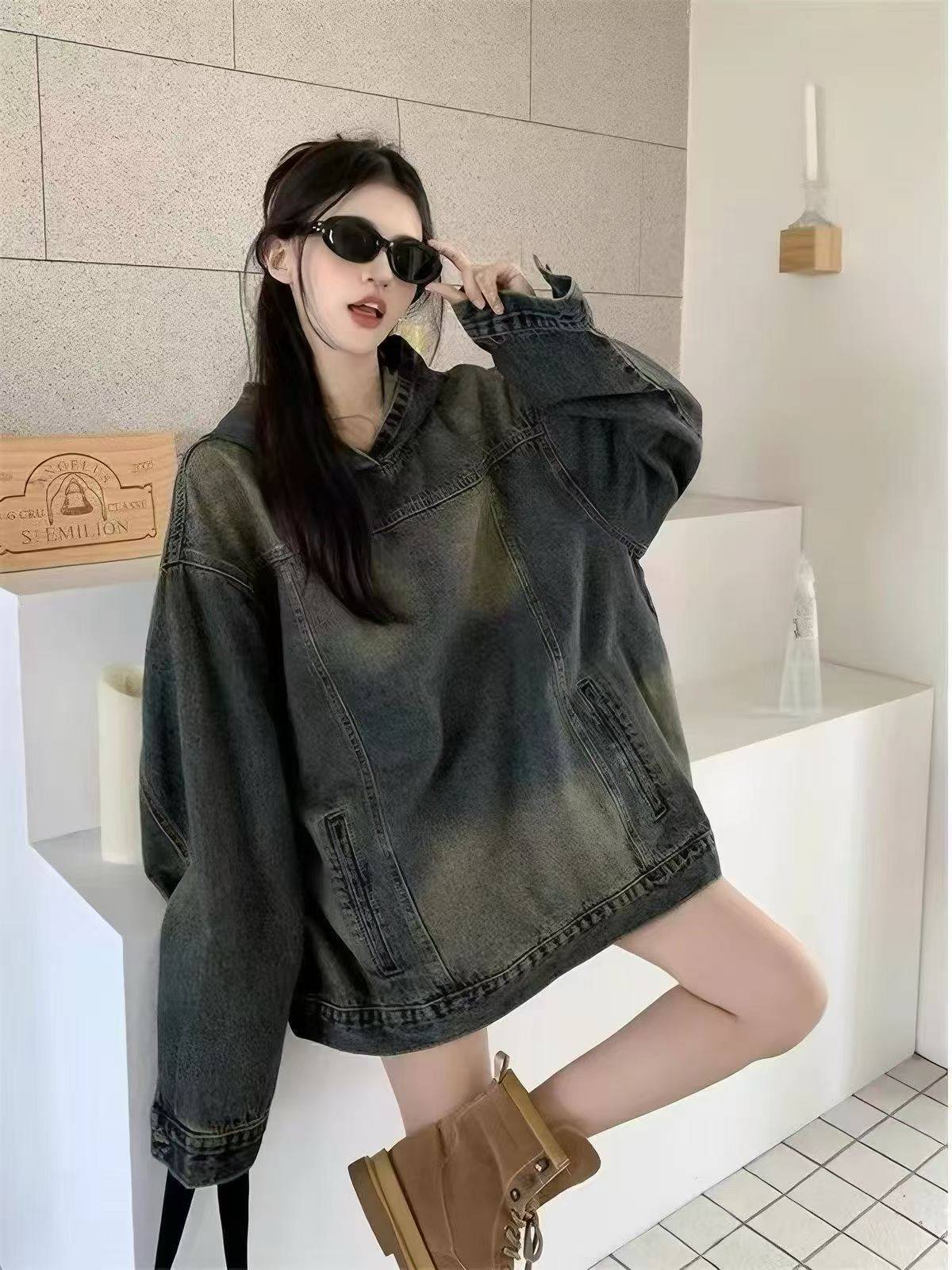 🌿🍇美式复古连帽牛仔卫衣外套女新款百搭休闲宽松夹克上衣1