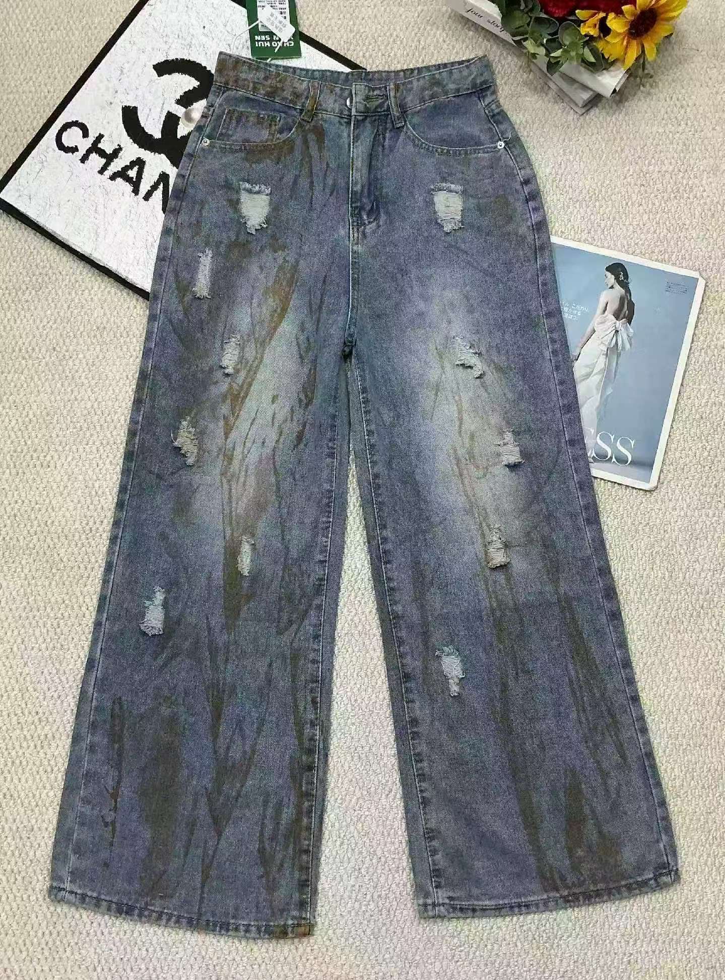 春秋新款墨染破洞设计款直筒阔腿牛仔裤，独立包装带吊牌，码数s