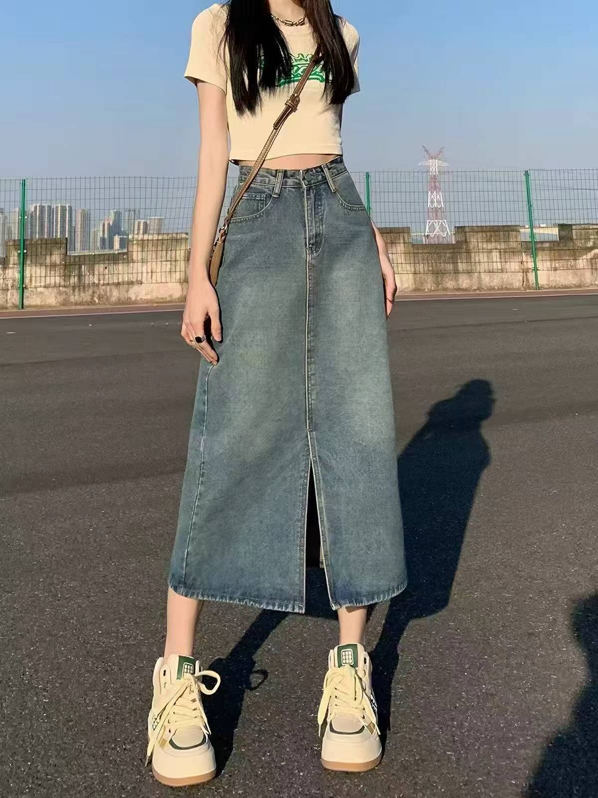 ☕️牛仔半身裙女夏装浅色长裙高腰前开叉显瘦牛仔长裙138条全