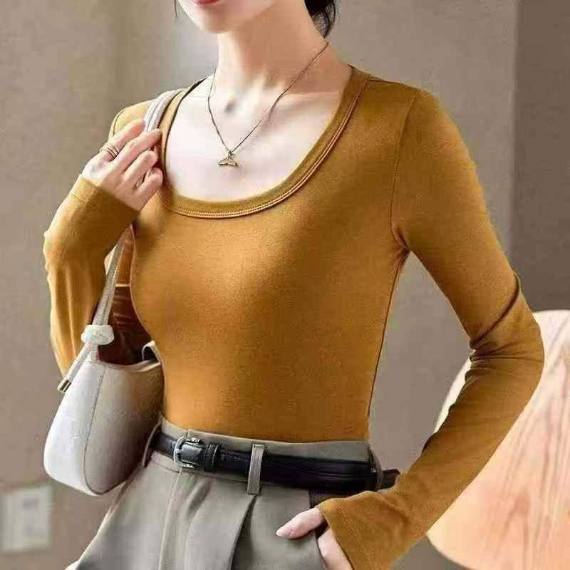 6.8清343件左右
纯棉方领内搭打底衫新款女u领长袖t恤春
