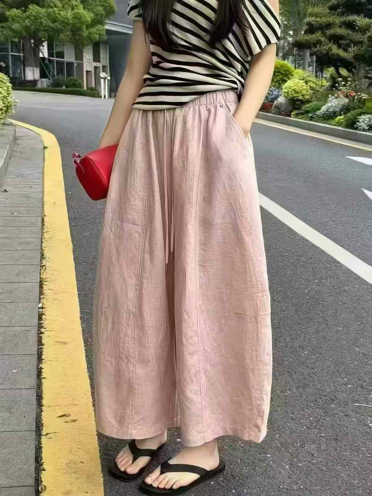 亚麻阔腿休闲裤，1000件左右，均码，松紧腰