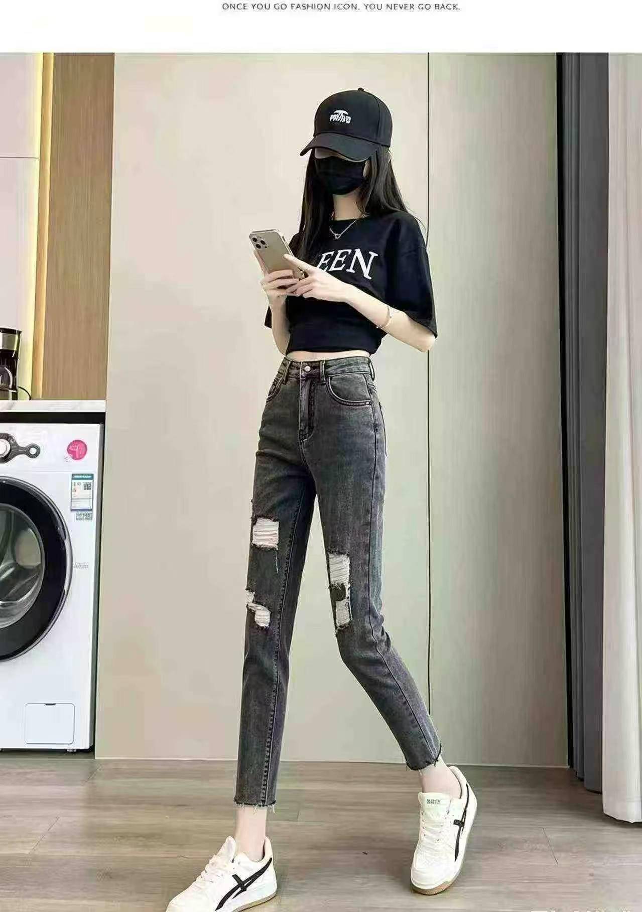 高弹力破洞牛仔裤女春夏新款高腰紧身显瘦修身铅笔裤子400条全