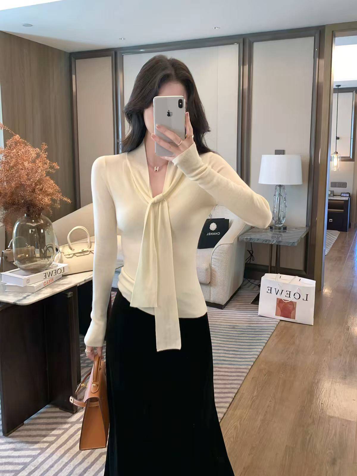 气质优雅飘带六羊毛针织衫女秋冬季修身高级设计感内搭上衣，12
