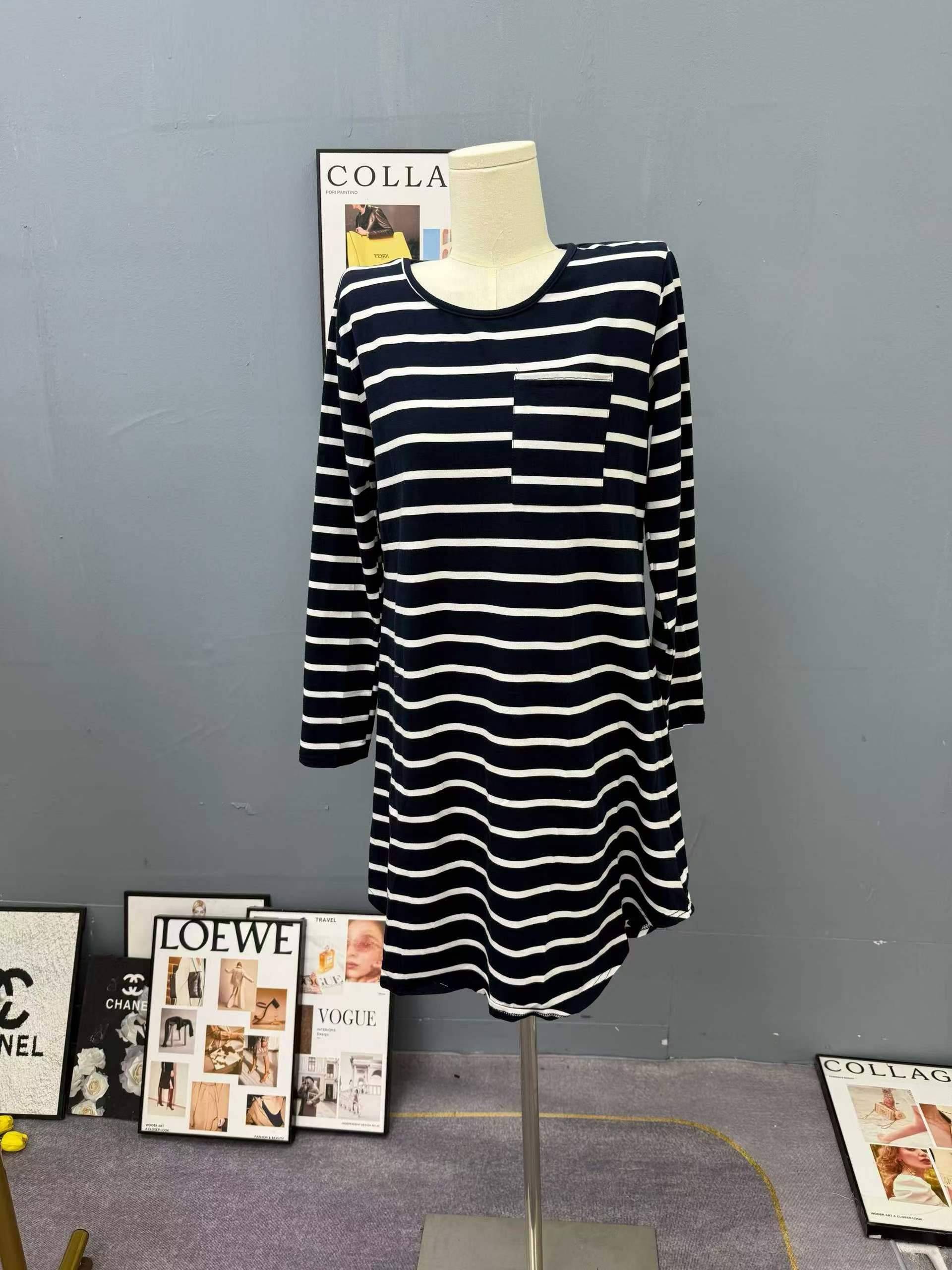 清5.5，女款条纹长袖舒适柔软纯绵睡裙宽松休闲圆领韩系家居裙