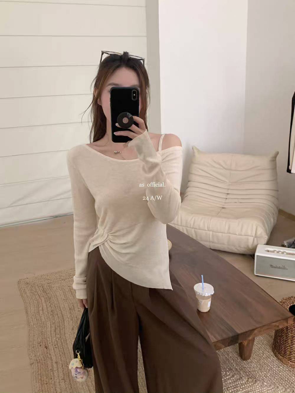 六羊毛纯欲风辣妹露肩针织衫长袖，300件