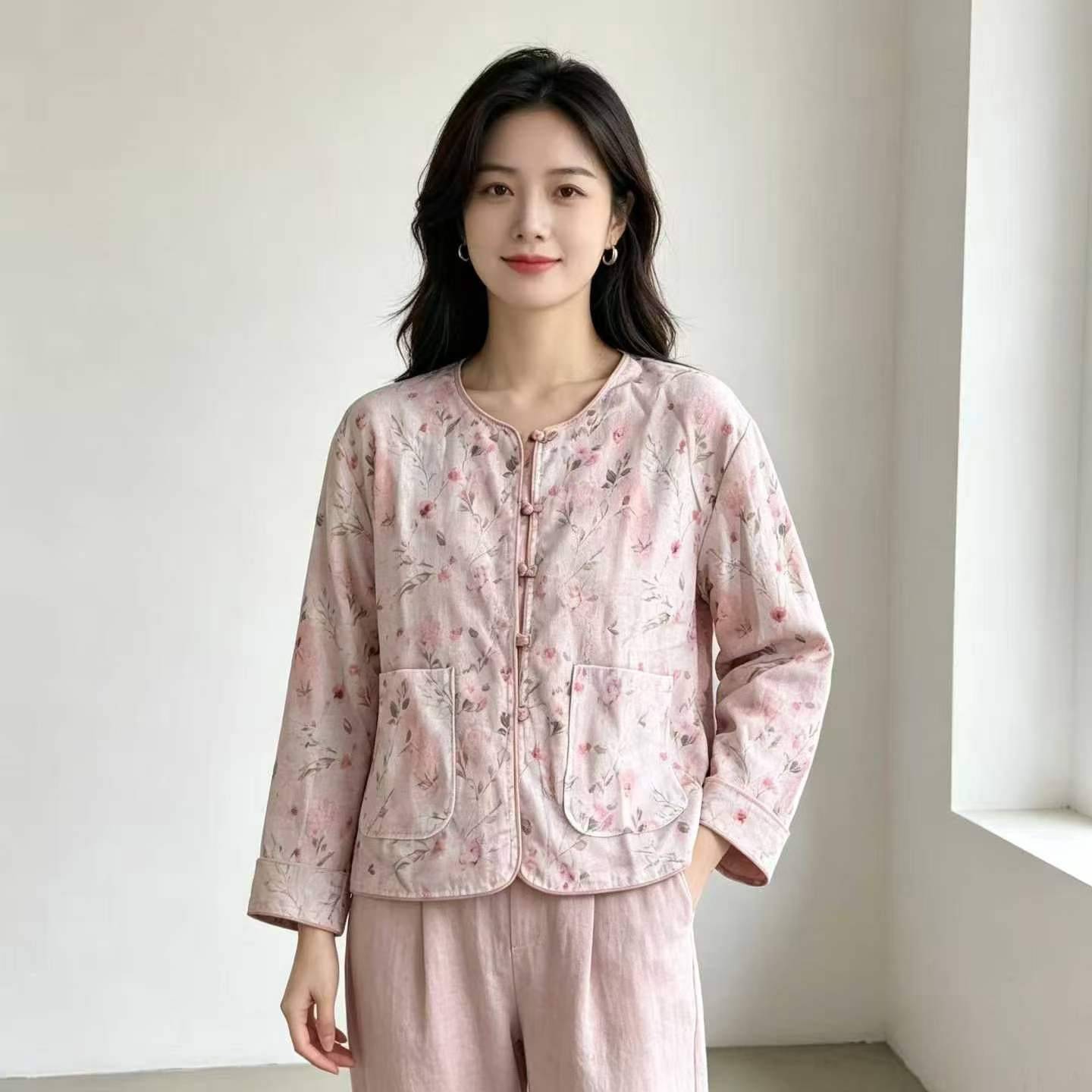 高品质新中式两面穿短外套女国风盘扣提花上衣一衣两穿可双面穿春