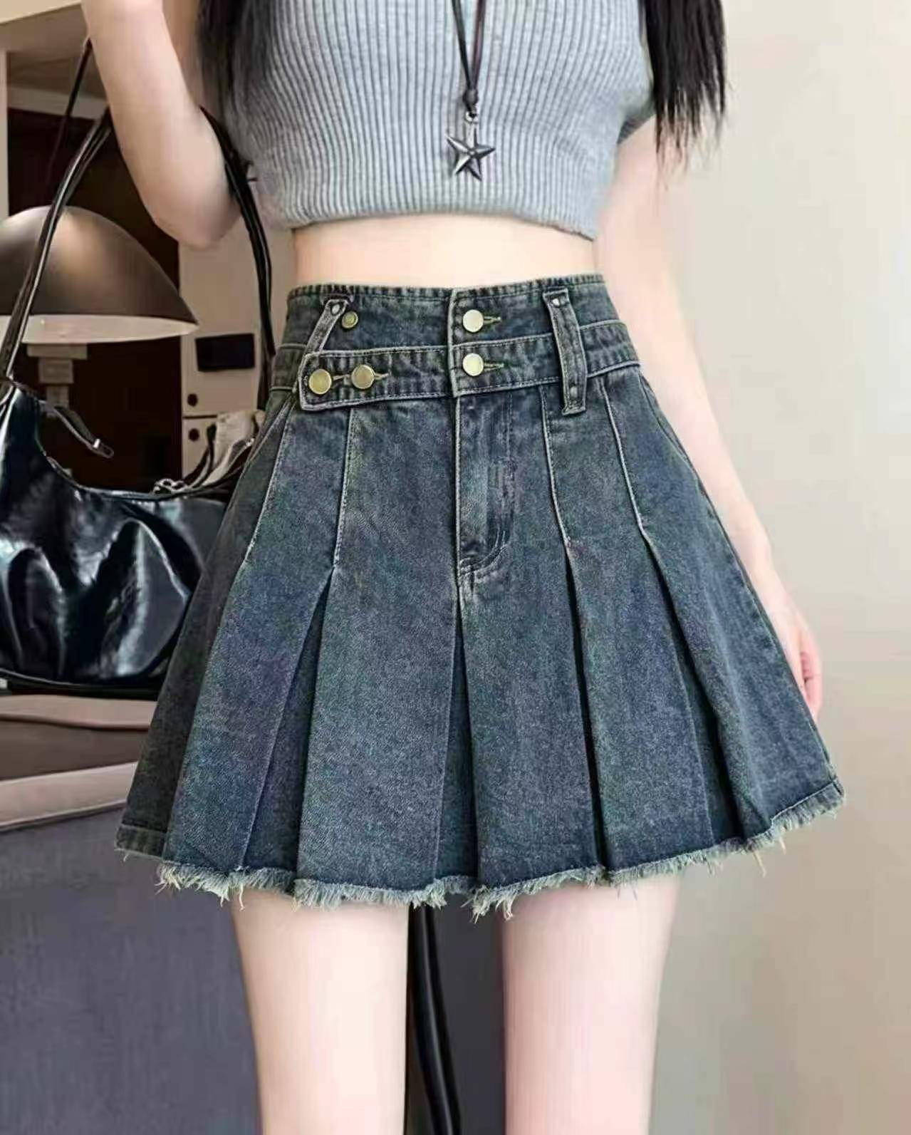蓝色复古牛仔百褶裙女新款显瘦高腰a字设计感半身短裙35条全清