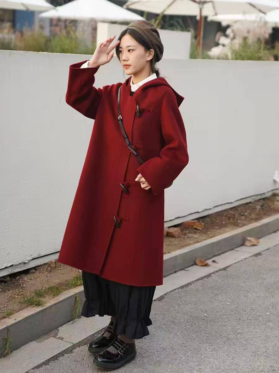 特价25元清，羊绒大衣女流行酷女孩牛角扣中长款毛呢外套冬季韩