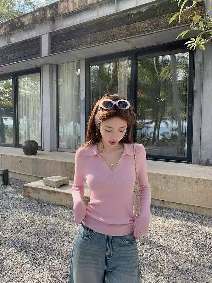 包芯纱极简纯色显瘦百搭半开襟polo领粉色针织衫，50件