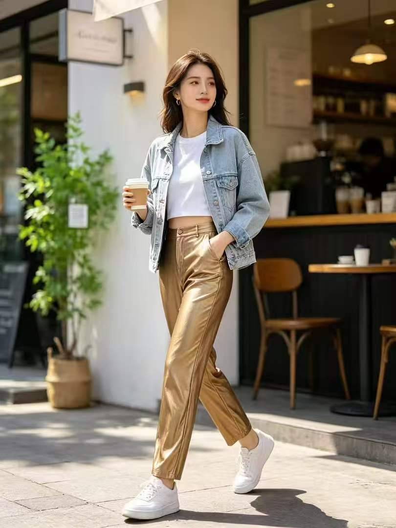 400多条多色炫彩珠光质感休闲女长裤，单扣腰头设计，垂顺有型