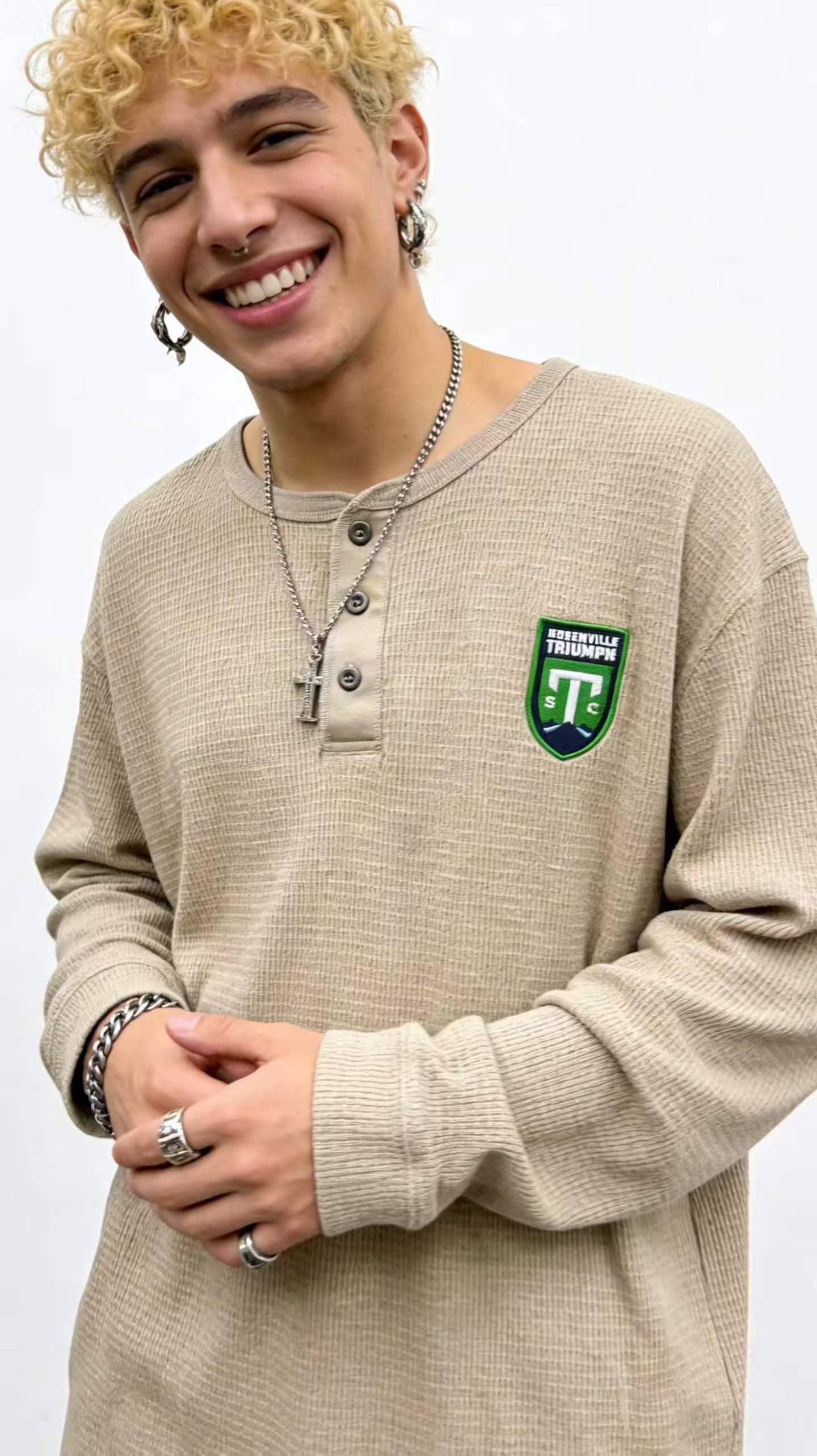 外贸品牌华夫格男士纯棉上衣320件，大地色华夫格统一颜色面料