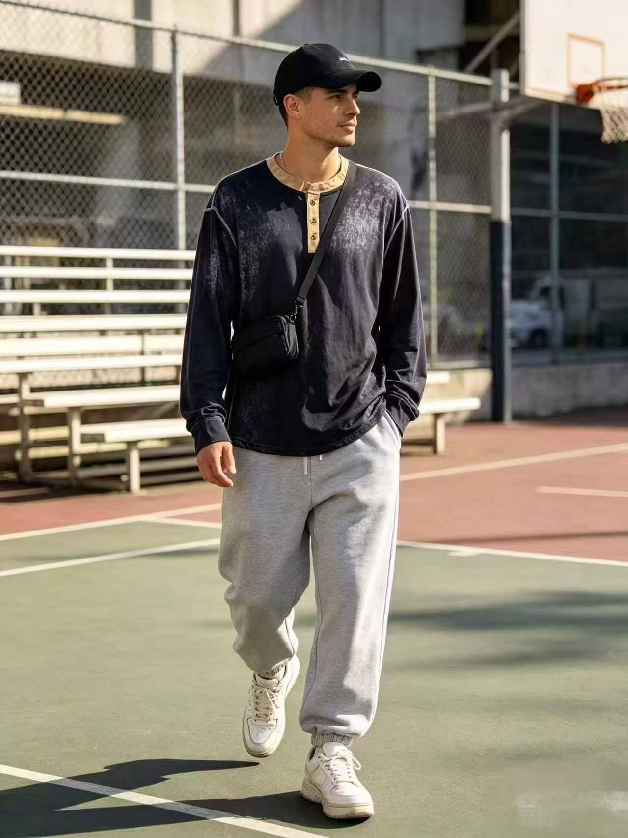 169件欧美扎染丝绒亨利领长袖t恤男士复古撞色门襟纽扣宽松街