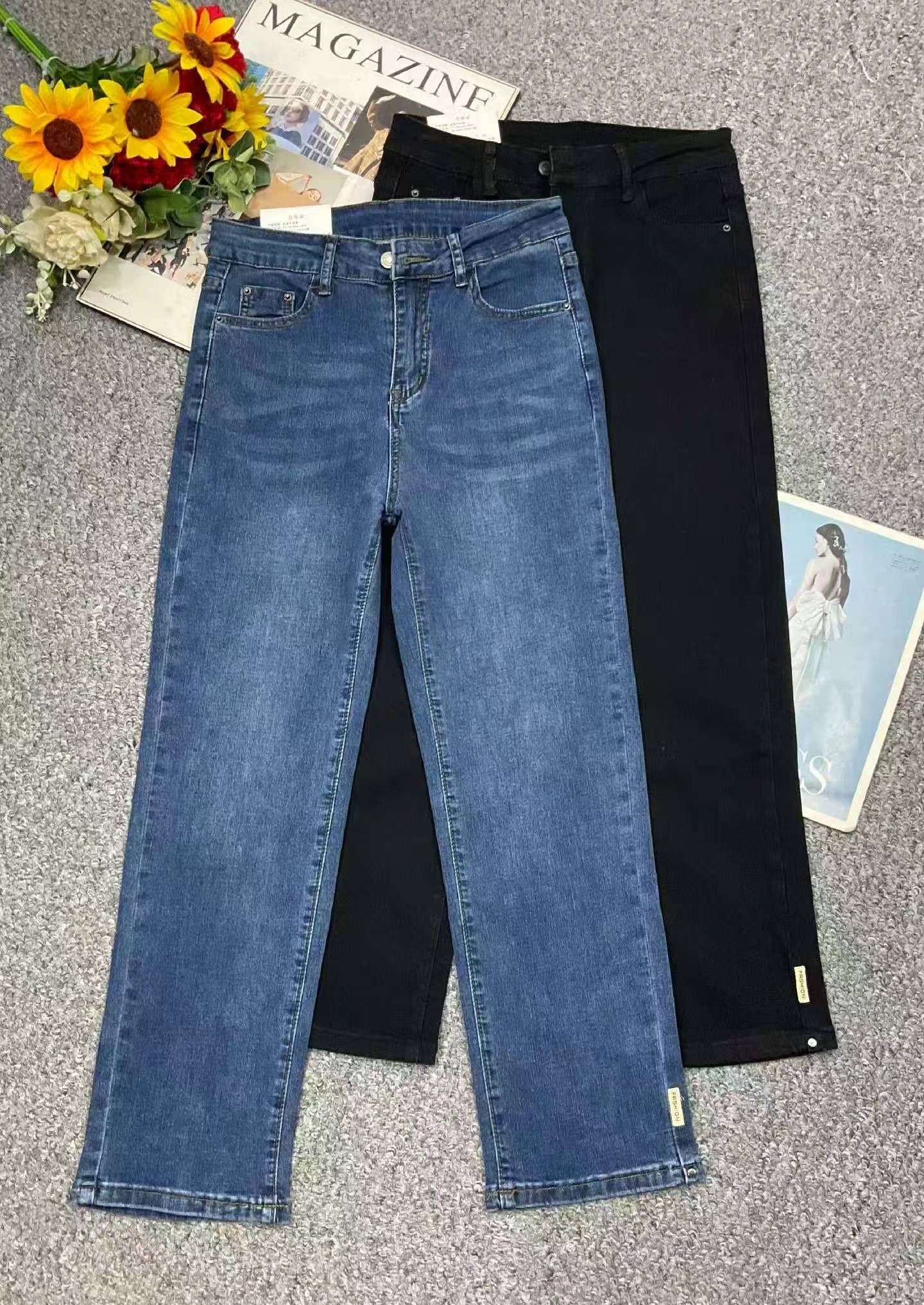 春夏季新款网红爆款高弹力洗水棉直筒牛仔烟管裤，独立包装带腰卡